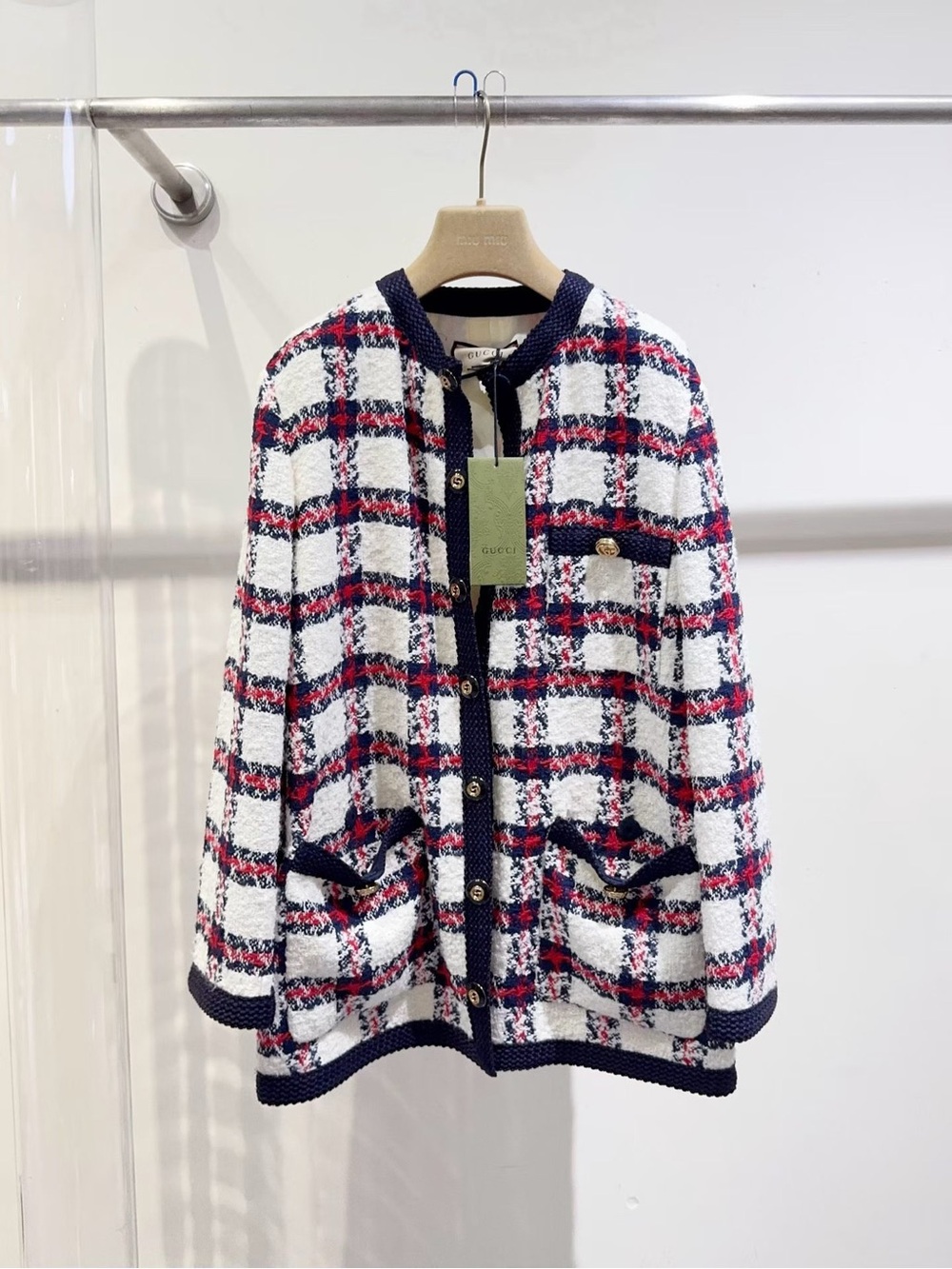 Gucci White Bouclé Plaid Jacket with Navy & Red Trim